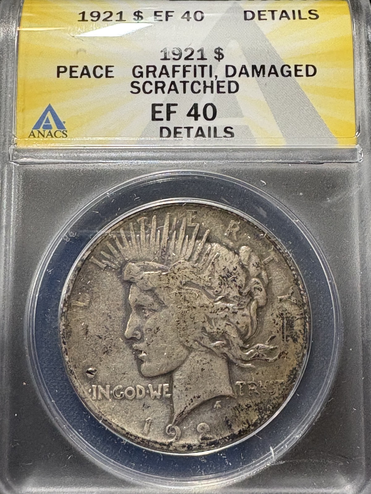 1921 Peace Silver Dollar High Relief US Coin ANACS EF40 Details