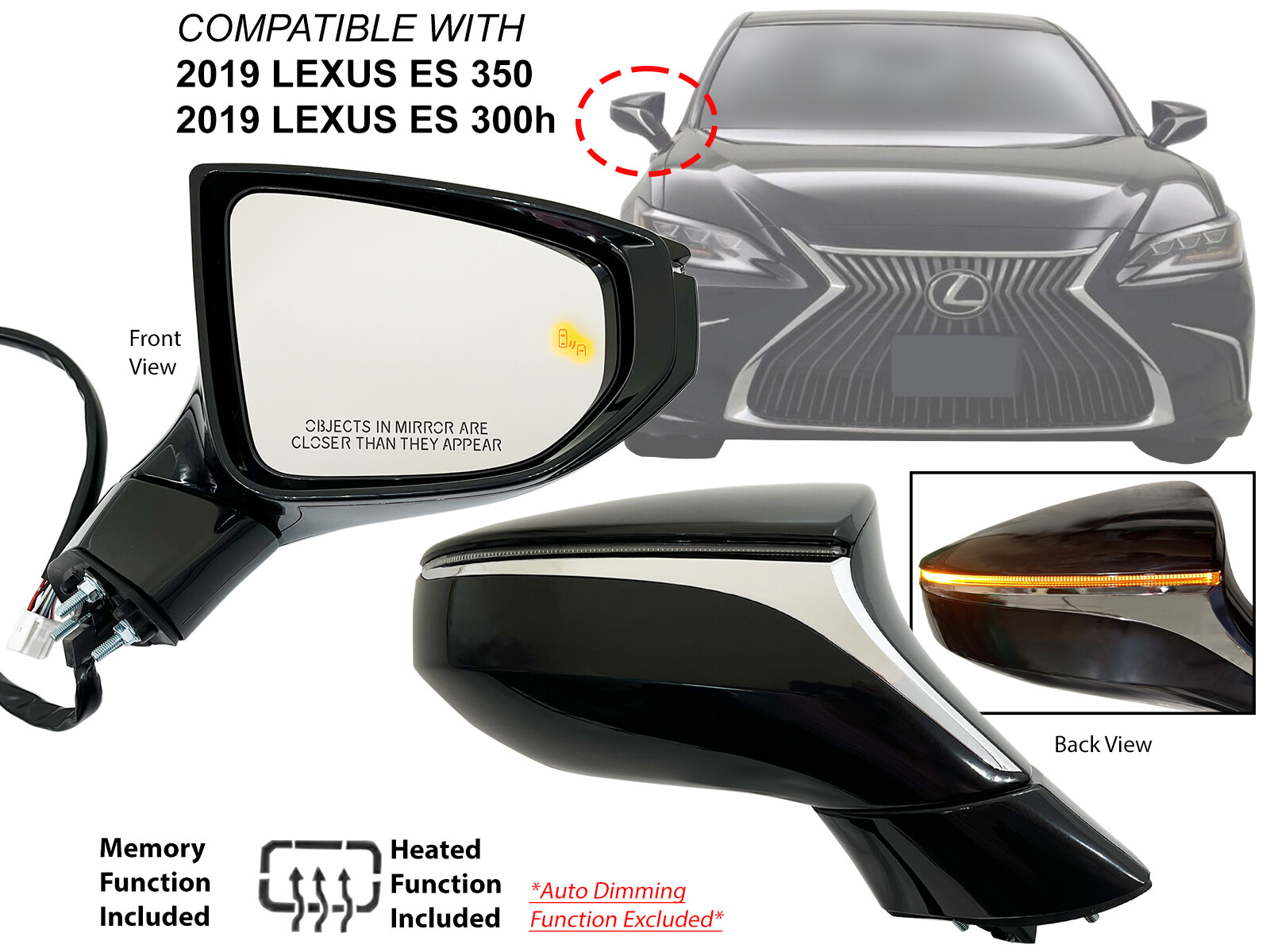 For Side View Mirror 2019 LEXUS ES350 ES300h W/ BSD Signal Memory Passenger Side