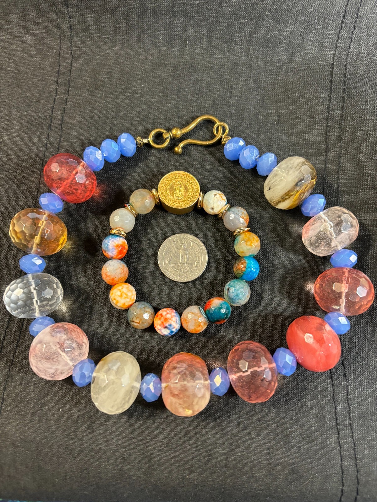 Lg Facet Quartz Glass Bead 16" Artisan Made Necklace & Mexico Art Glass Bracelet