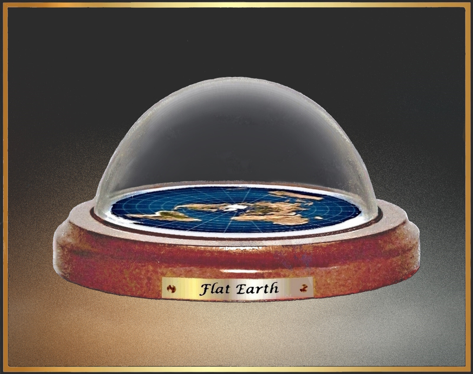 Flat Earth Map Dome Display Model - wood base, acrylic dome, gift