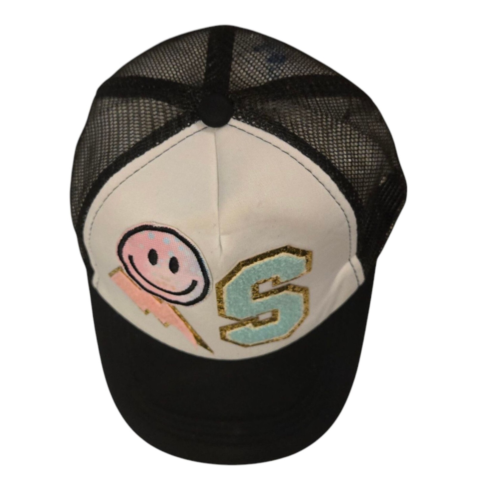 Letter S Trucker Hat Black White Mesh Snapback Smiley Face Lightning Bolt READ