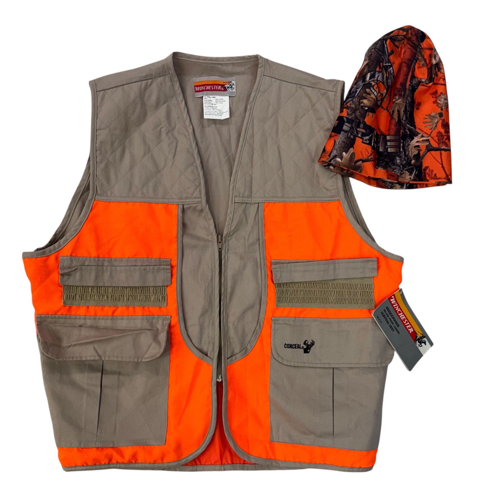 Winchester Hunting Vest Mens XL Blaze Orange Beige Front Loader NWT w Camo Hat