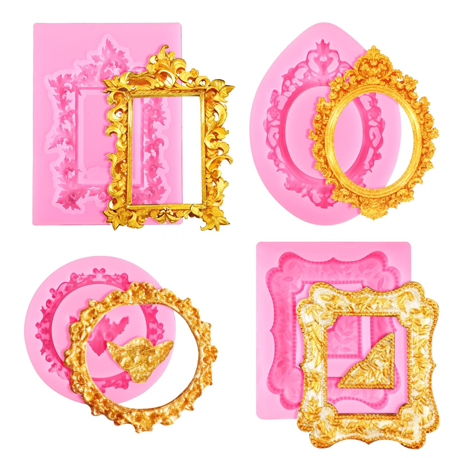 JJUNW 4 Pcs Photo Frame Silicone Molds, Baroque Style Air Dry Clay Molds, Mini F