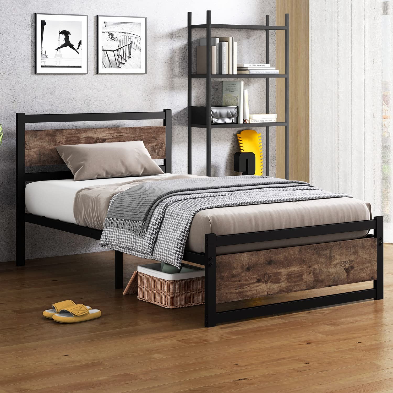 Bed Frame with Wooden Headboard, No Spring Needed, Heavy Duty Metal Bed Frame...
