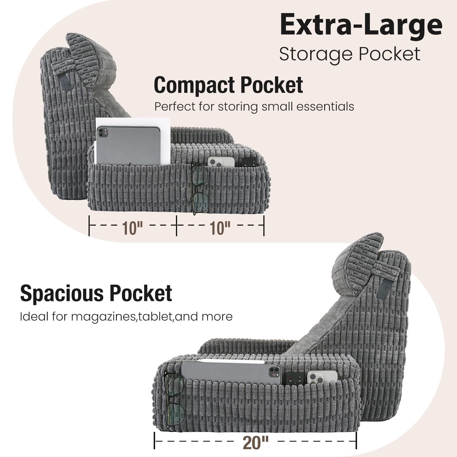 19" Reading Pillow for Bed with Built-in Arms & Large Pockets, Supportive Bac...