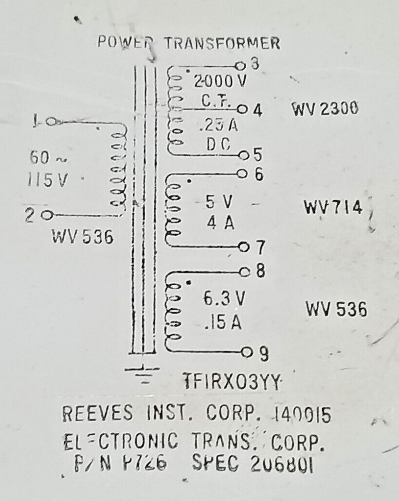 1 NOS   Power Transformer  115V - 2000V- C.T, -  .25A DC / 5V - 4A / 6.3V - .15A