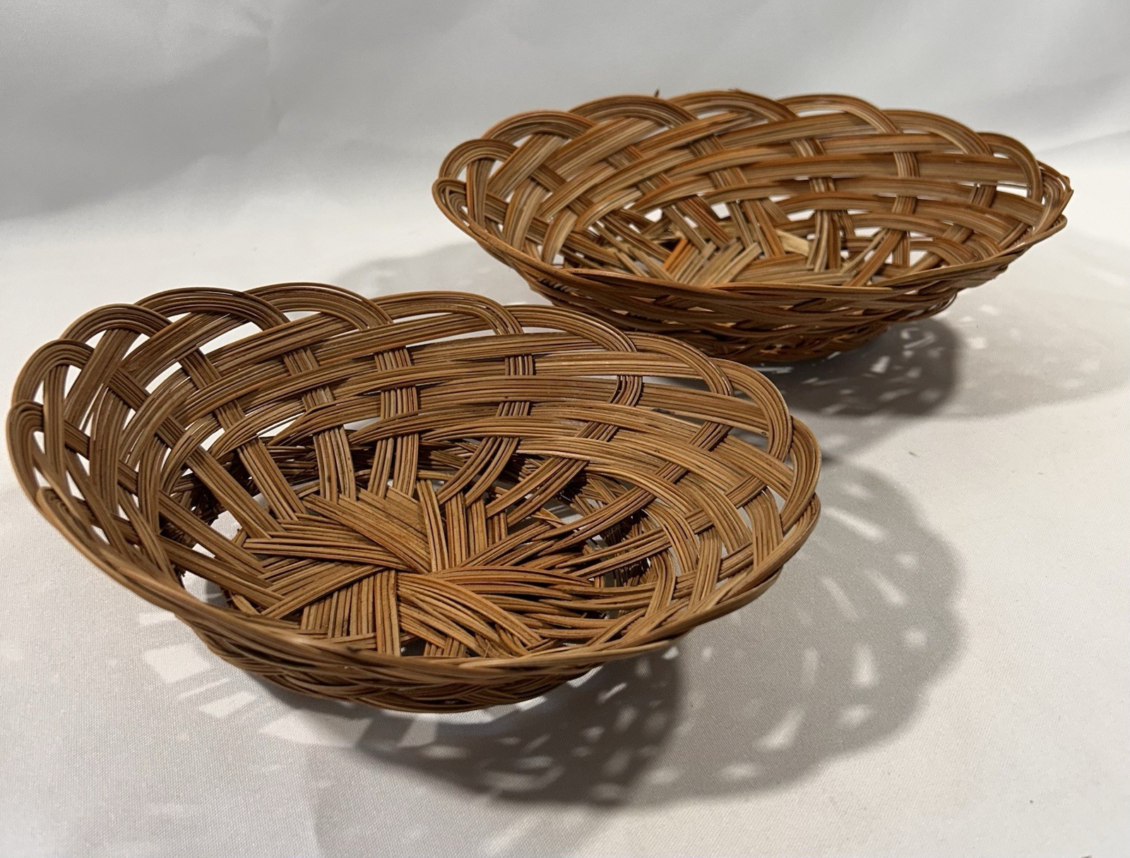 Antique Woven Wicker Serving Baskets with Scalloped Edges  (Set of 2) Boho Decor