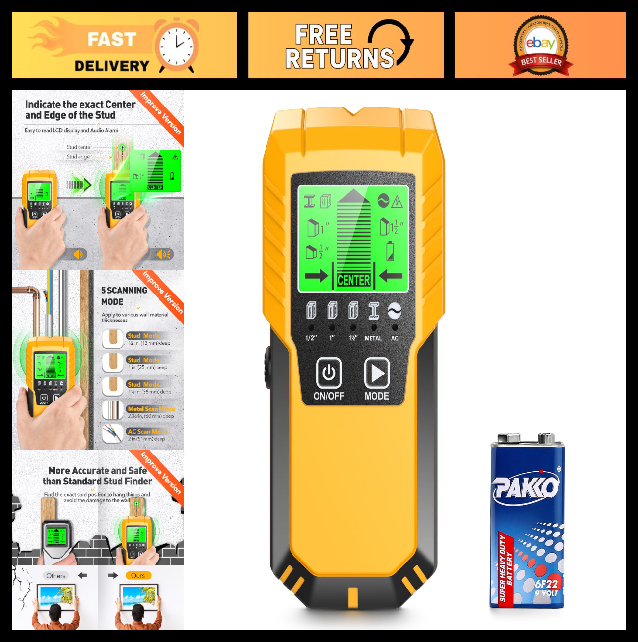 5-in-1 Stud Finder Wall Scanner Detector | LCD Display, Edge & Center Detection