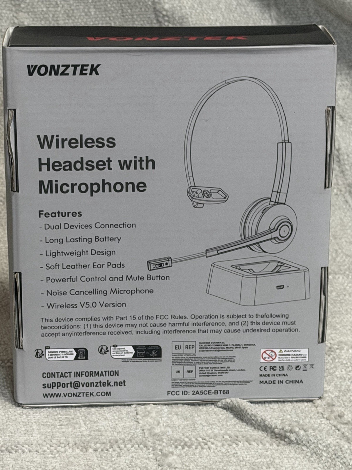 VONZTEK Wireless Headset USB Dongle Charging Base Boom Mic Noise Cancel White