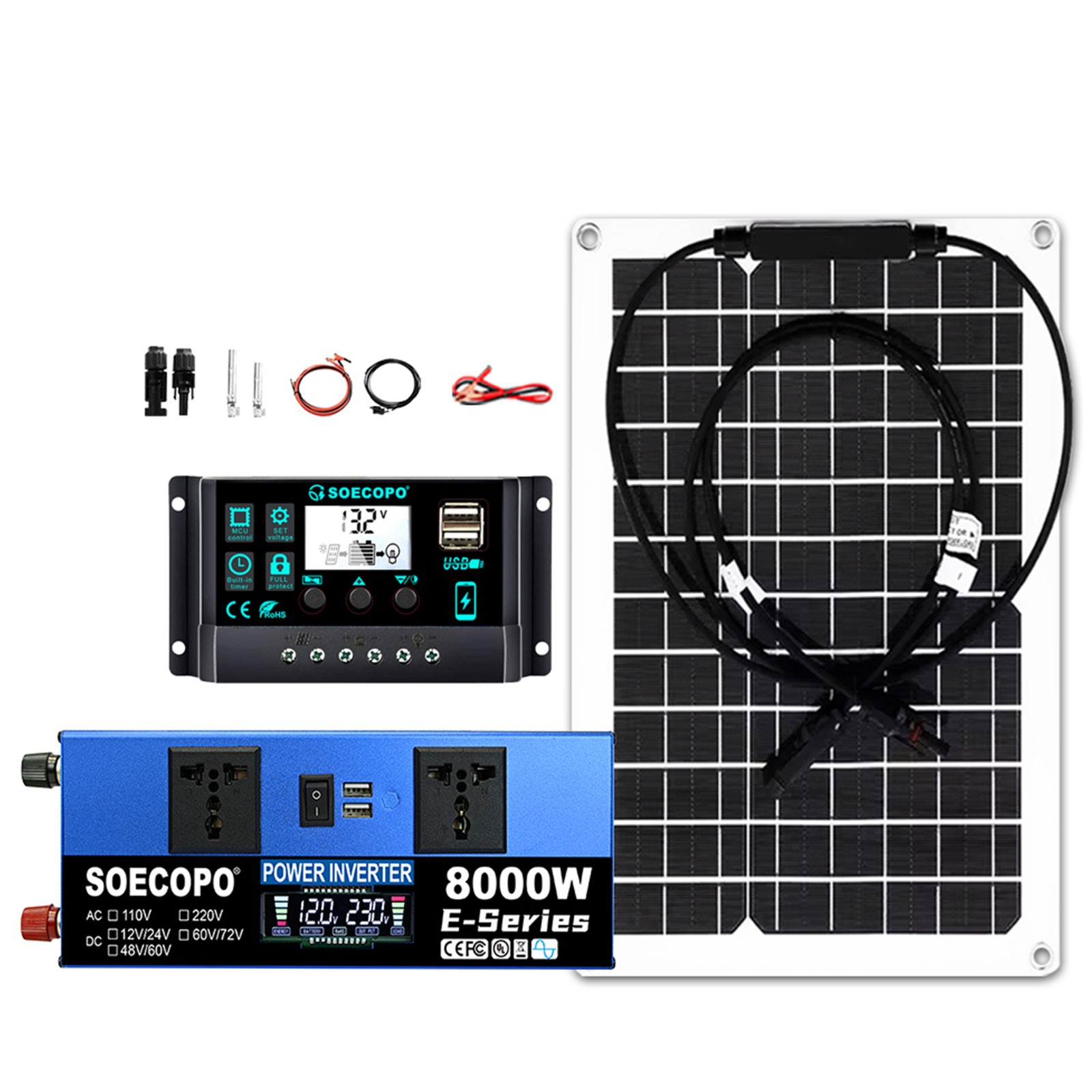 SOECOPO 8000W Peak Solar Kit 12V 24V to 110V/220V Inverter for RV Off-Grid CamVj