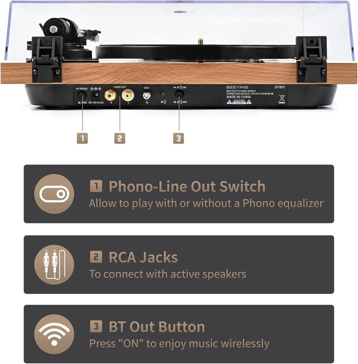 Turntable Vinyl Record Player Support Bluetooth Output Phono/Line Switch Brown