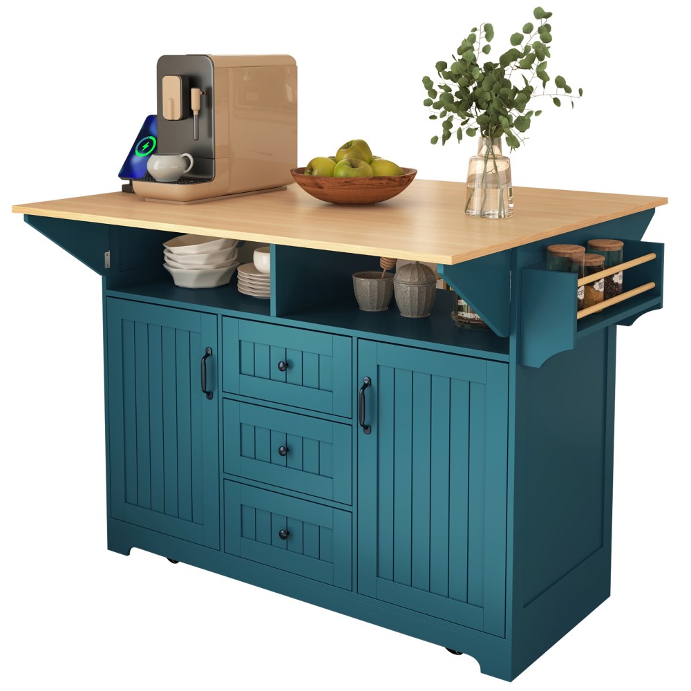 55.7'' Large Kitchen Island with 2 Drop Leaf,, Rolling Kitchen Cart on 5 Wheels