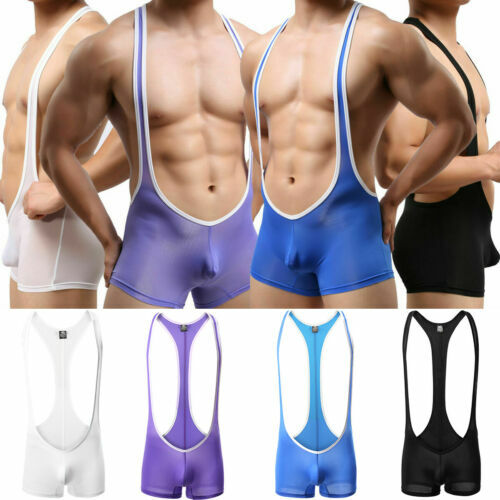 Men One-piece Bodysuits See Through Wrestling Singlet Sheer Leotard Boxer Shorts