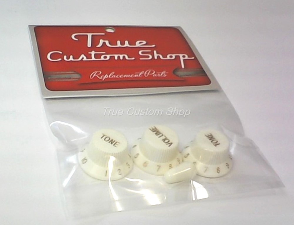 True Custom Shop® Parchment Knobs & Switch Tip Set for Fender Strat 1 Vol 2 Tone