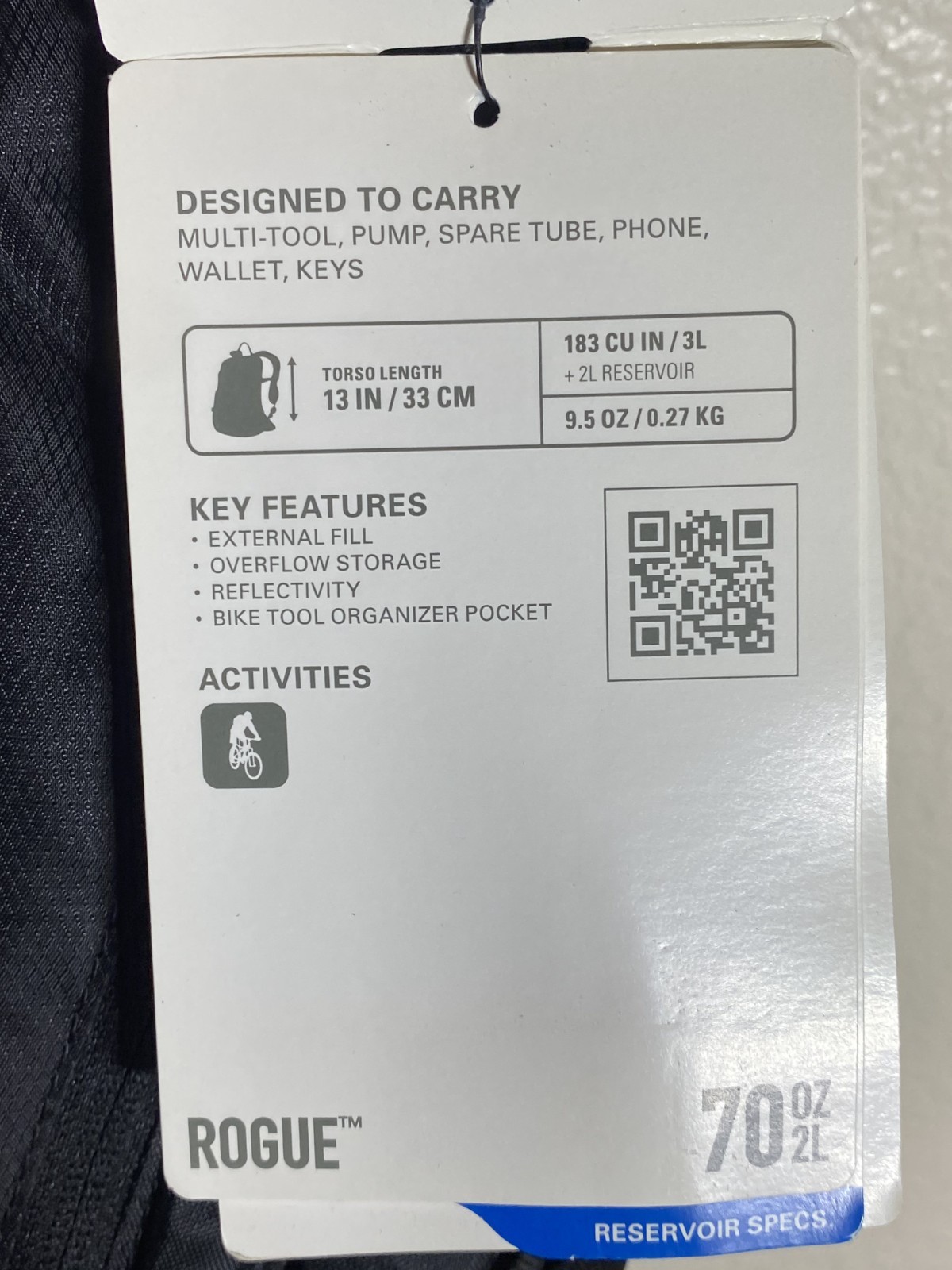 Black CamelBak Rogue Hydration Pack, 2L (70oz) New