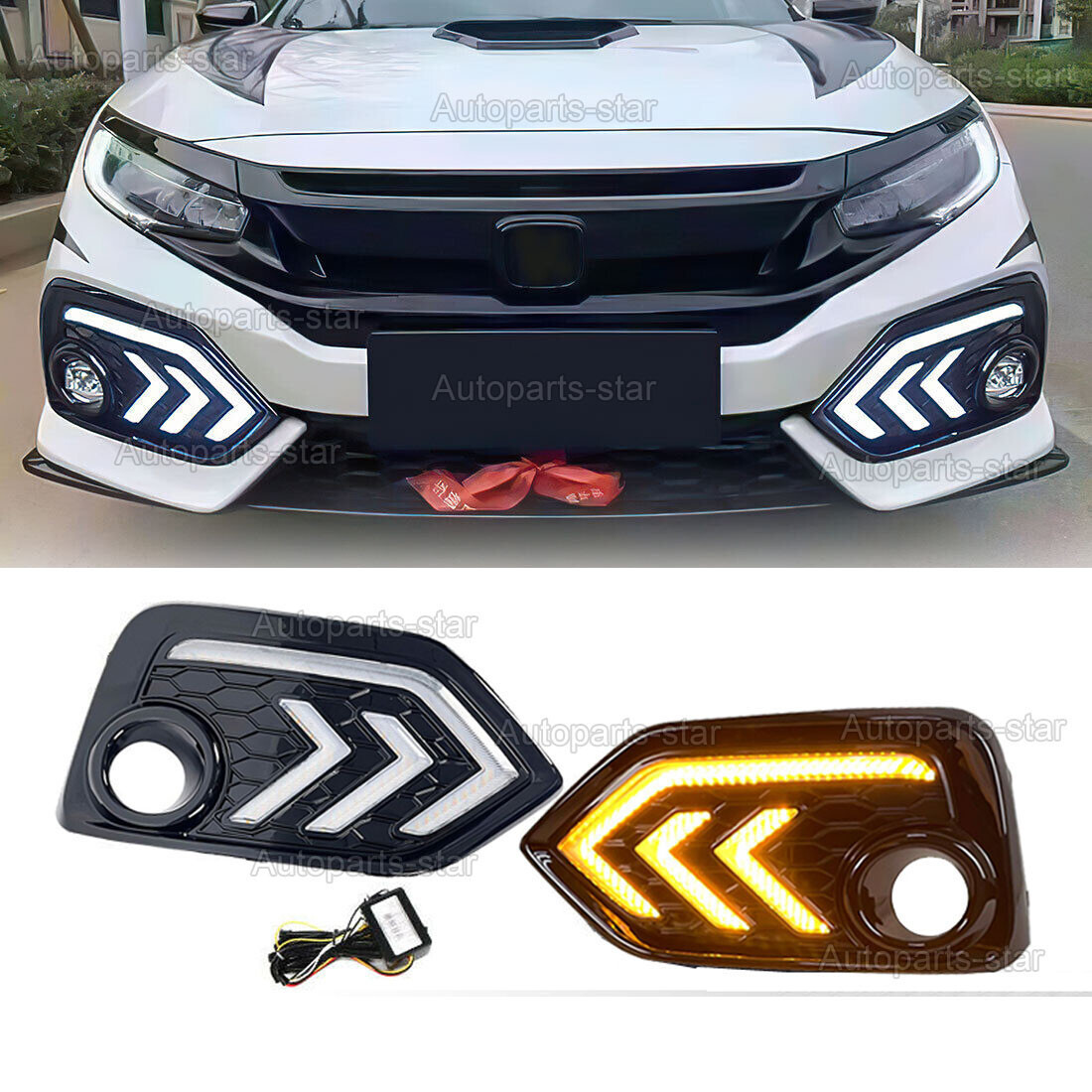 FOR 2016-2021 HONDA CIVIC HATCHBACK FOG LIGHT COVER WHITE & AMBER LED DRL