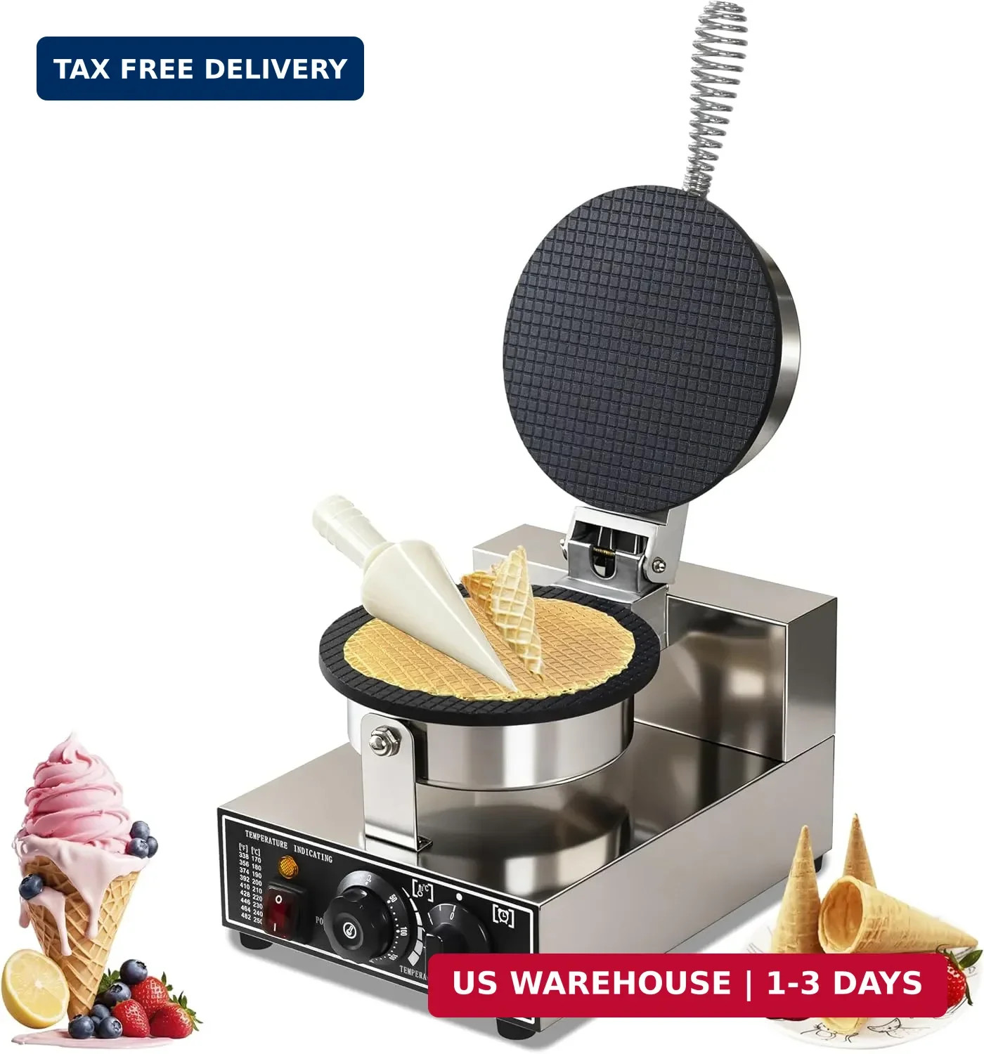 1300W Commercial Waffle Cone Maker Ice Cream Cone Machine Temp Timer Control