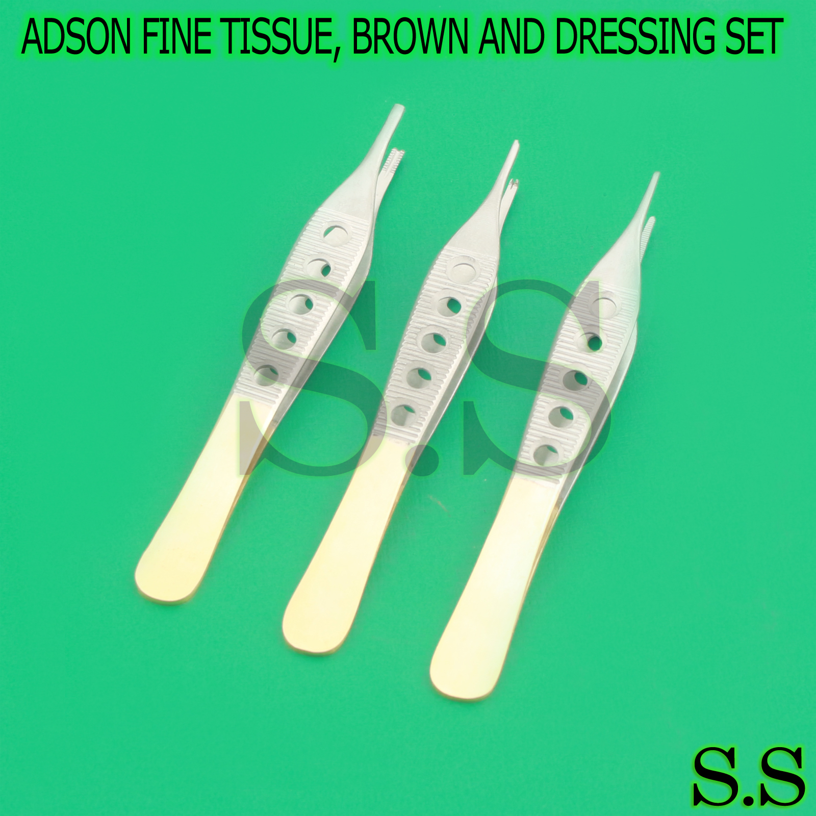 3 PCS GOLD HANDLE ADSON TISSUE+BROWN+DRESSING FORCEPS 4.75" FINESTRATED