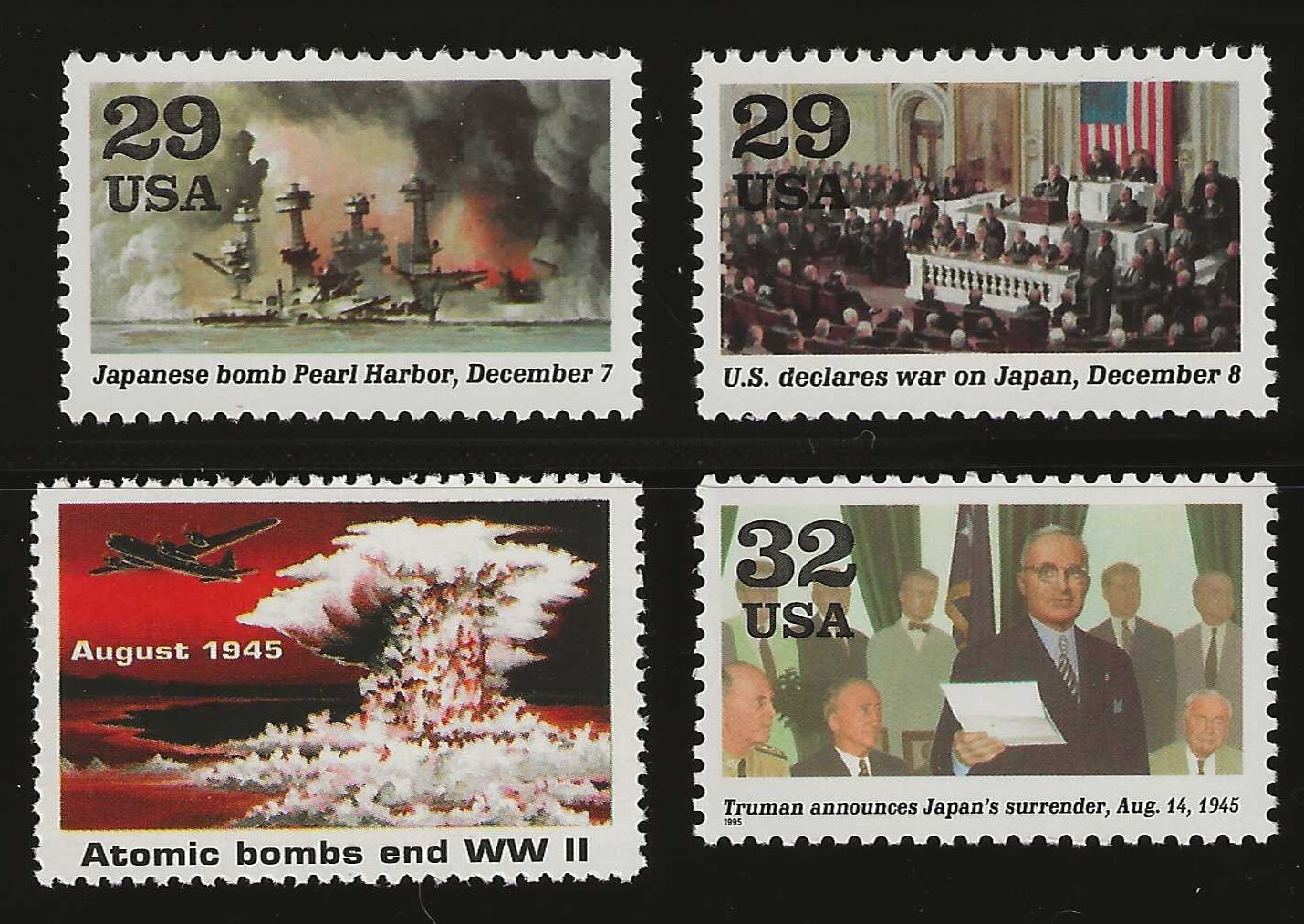 WWII - U.S. vs JAPAN - KEY EVENTS - PEARL HARBOR, ATOMIC BOMB - SET OF 4 STAMPS