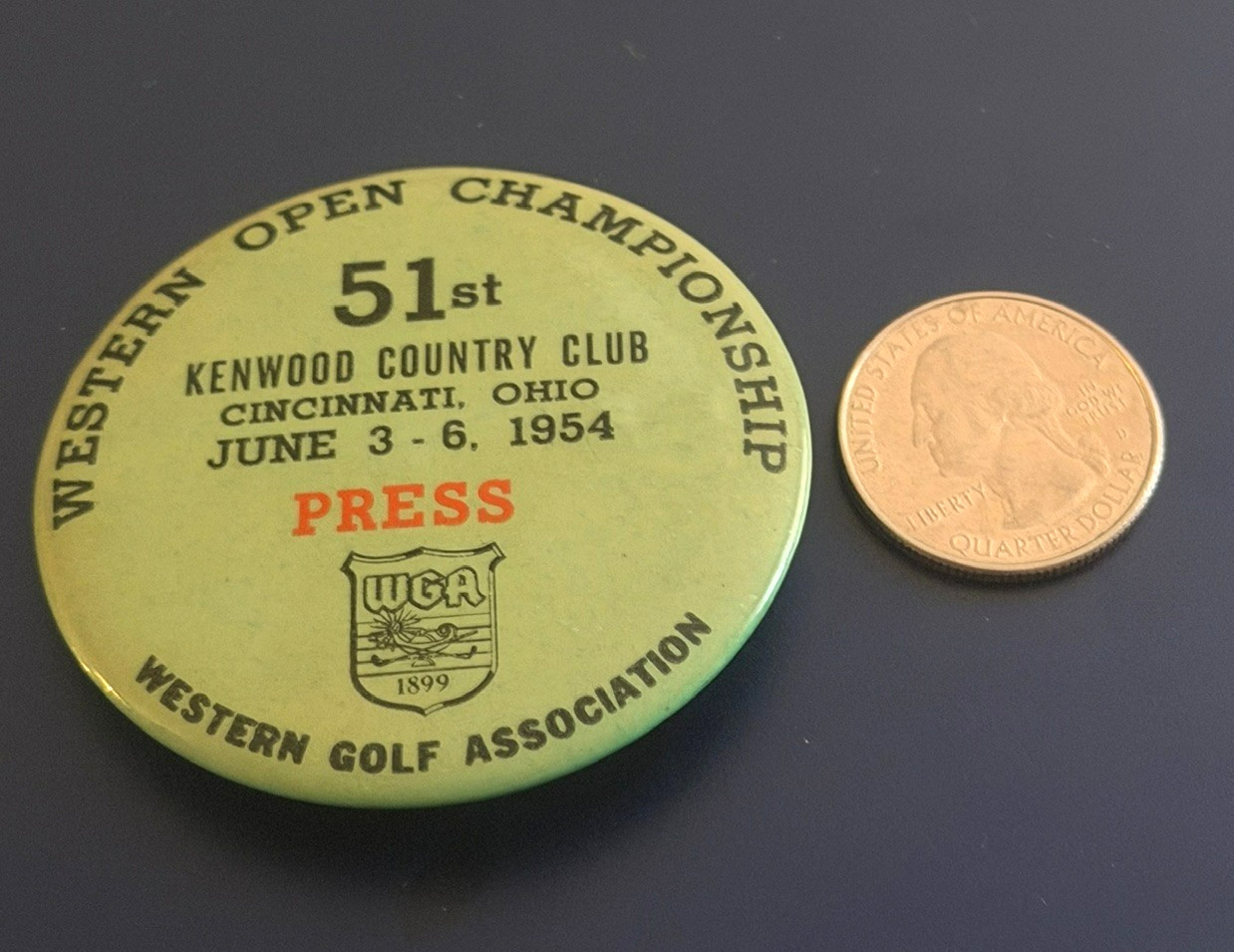 LLOYD MANGRUM WINS 1954 WESTEN OPEN PRESS PIN BADGE 300X RARER THAN ENT HOF 1998