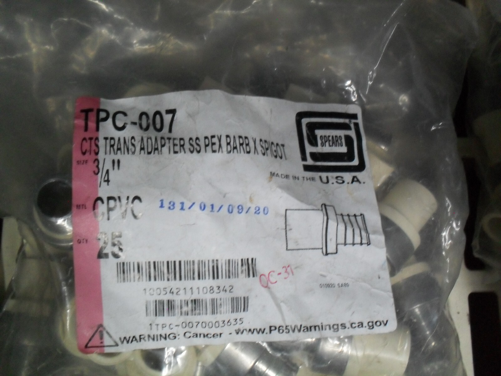 Spears TPC-007 CTS Transition Adapter SS Pex barb x Spigot 3/4"  x25