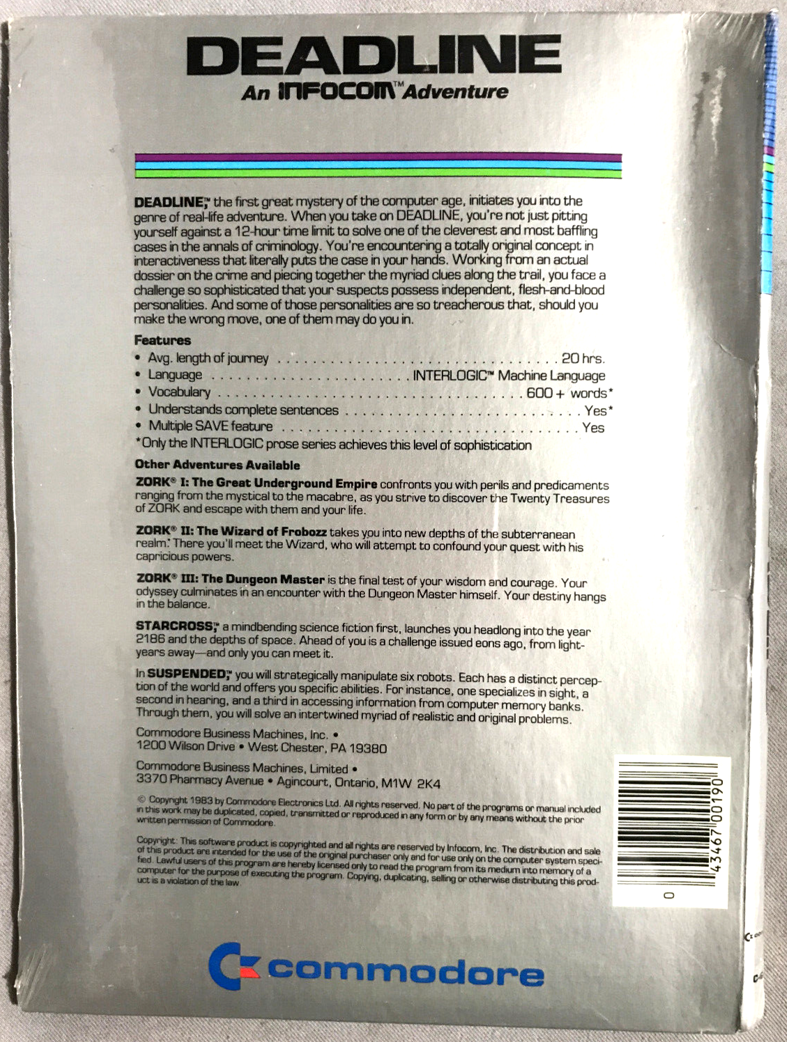 InfoCom Deadline - Text Adventure Game version C64 Commodore published 1983 NIB