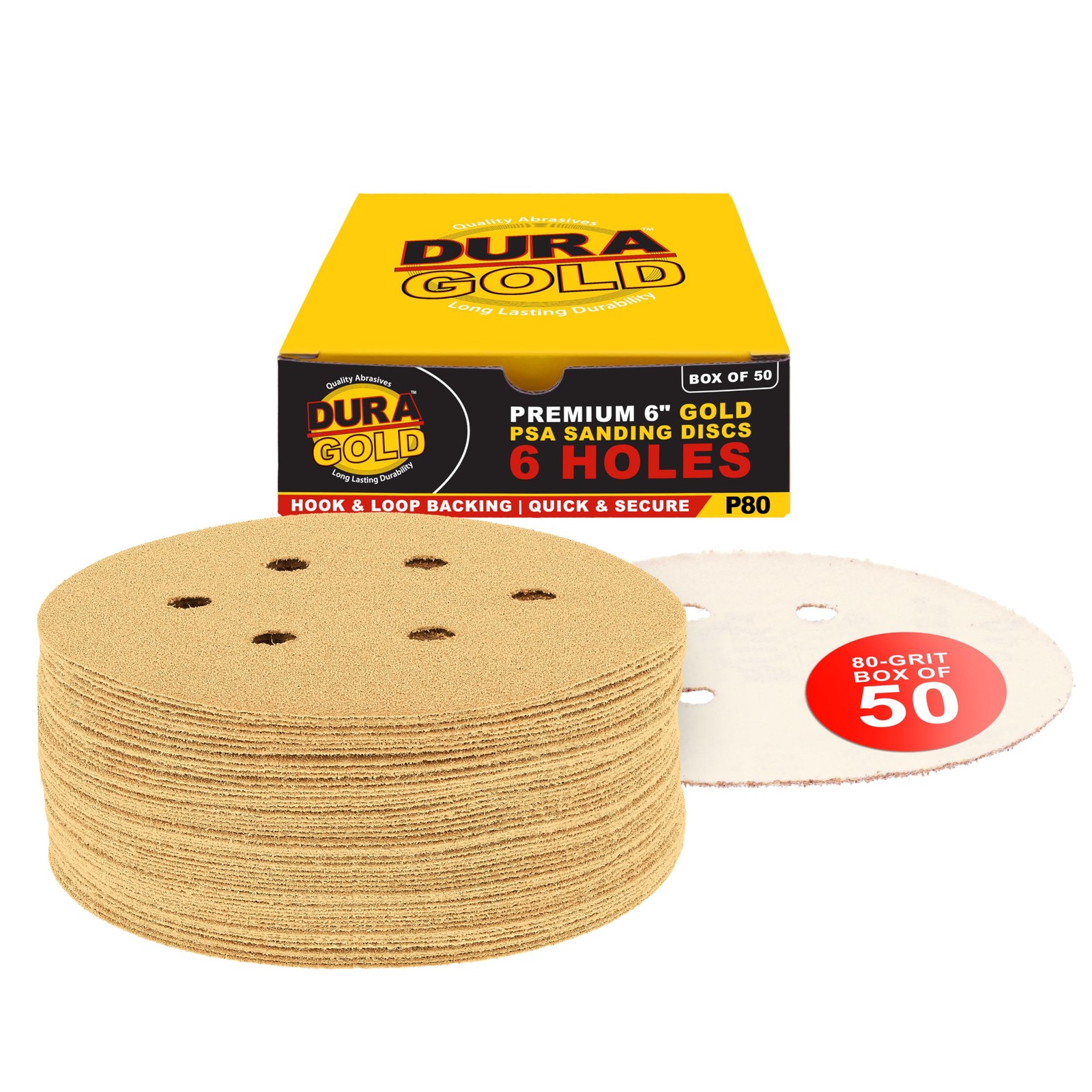 80 Grit 6 Gold Sandpaper Discs, 6 Hole Pattern Dustless, Box of 50 - Hook & Loop