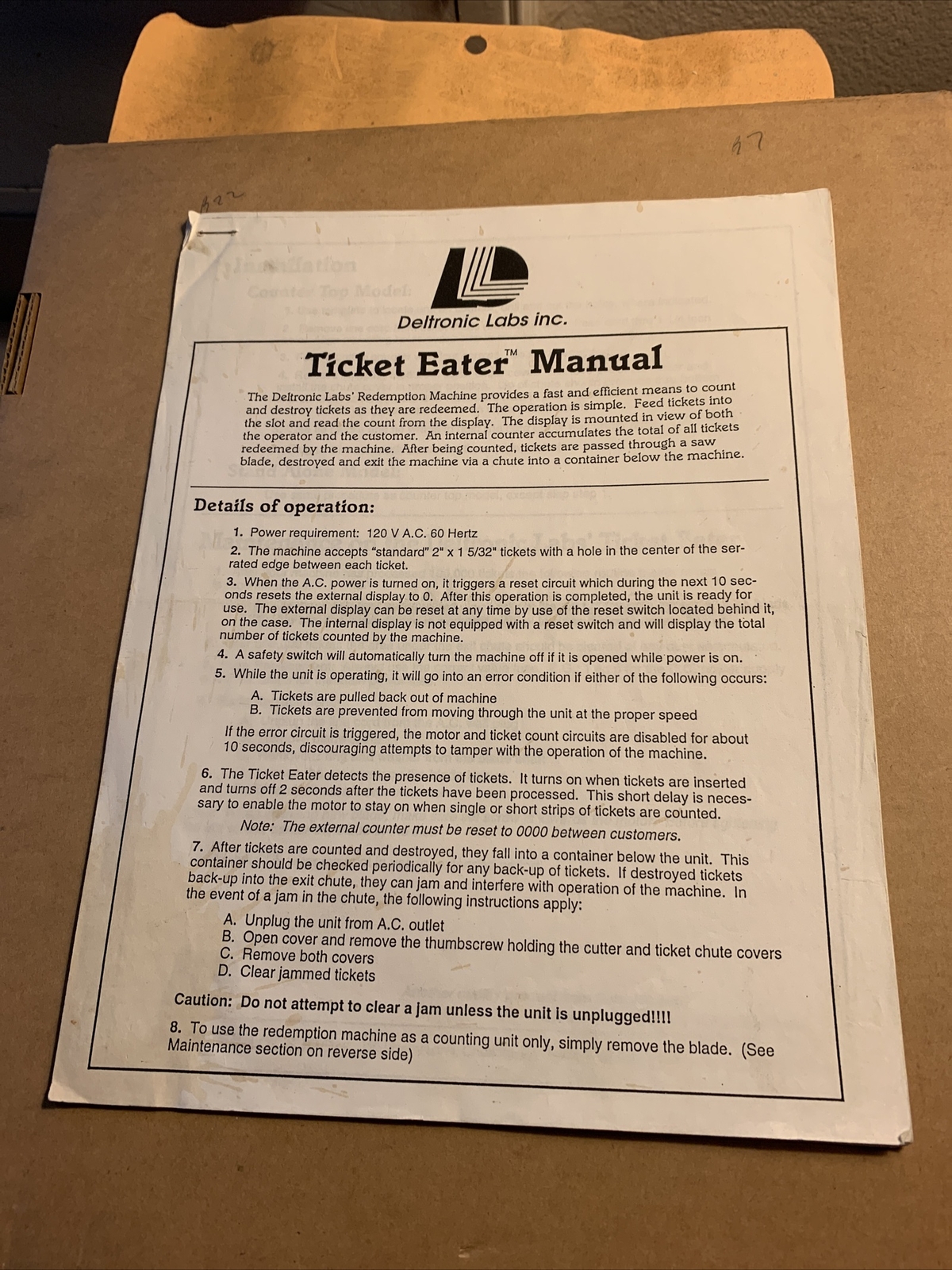 original  arcade  game owners manual Deltronic Labs Ticket Eater