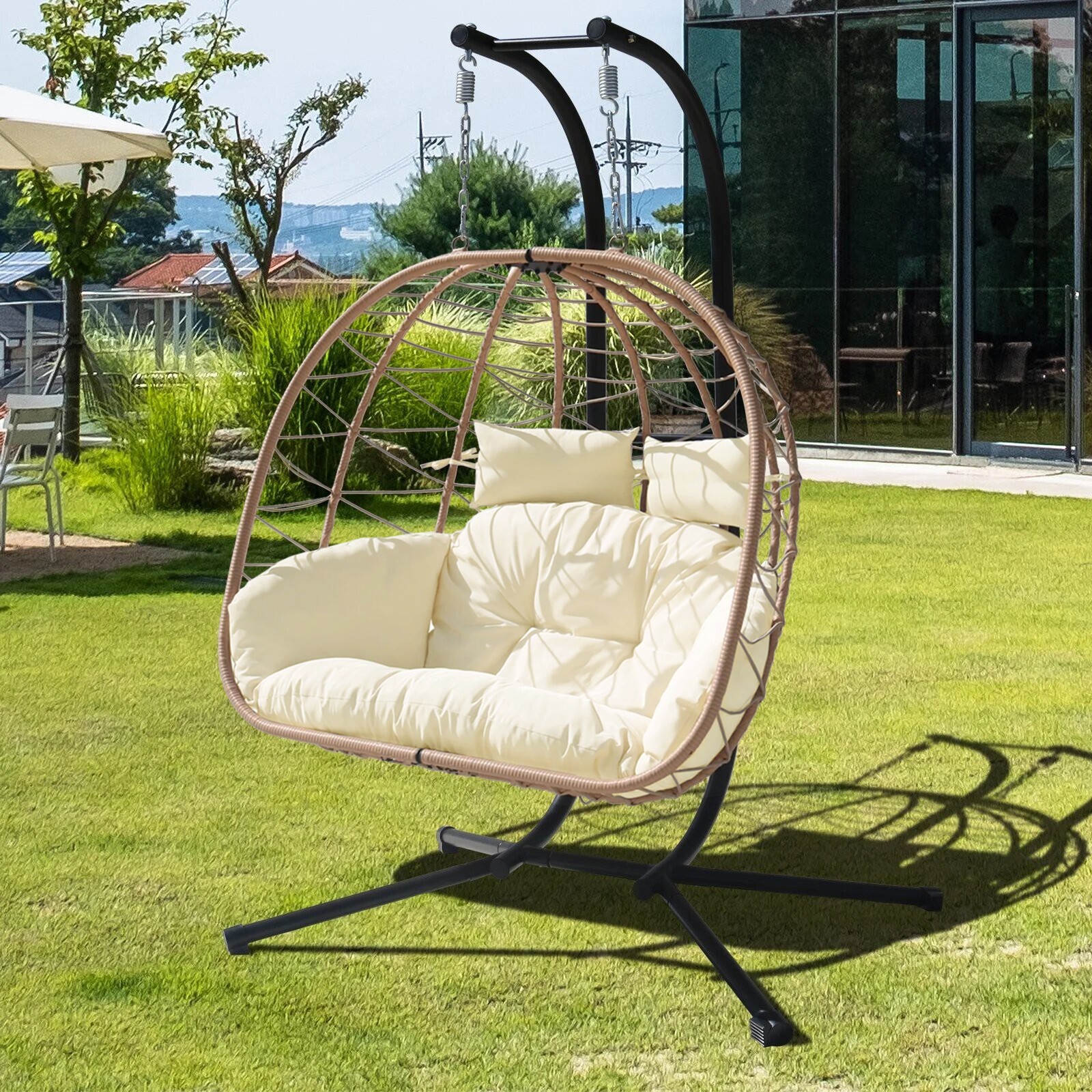 Patio Hanging Swing 2 Person Egg Chair Wicker Chair w/Cushion Stand Outdoor