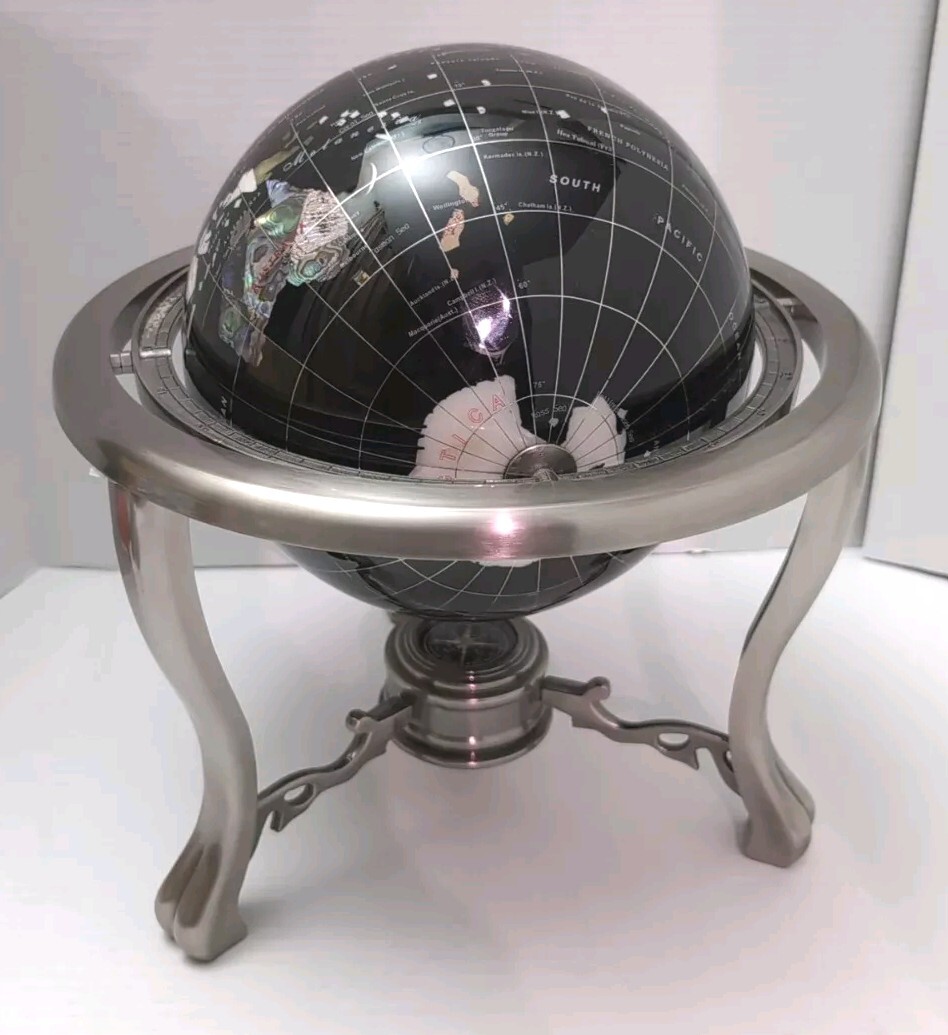 World Globe-Semi-Precious Inlaid Stone and Shells w Compass