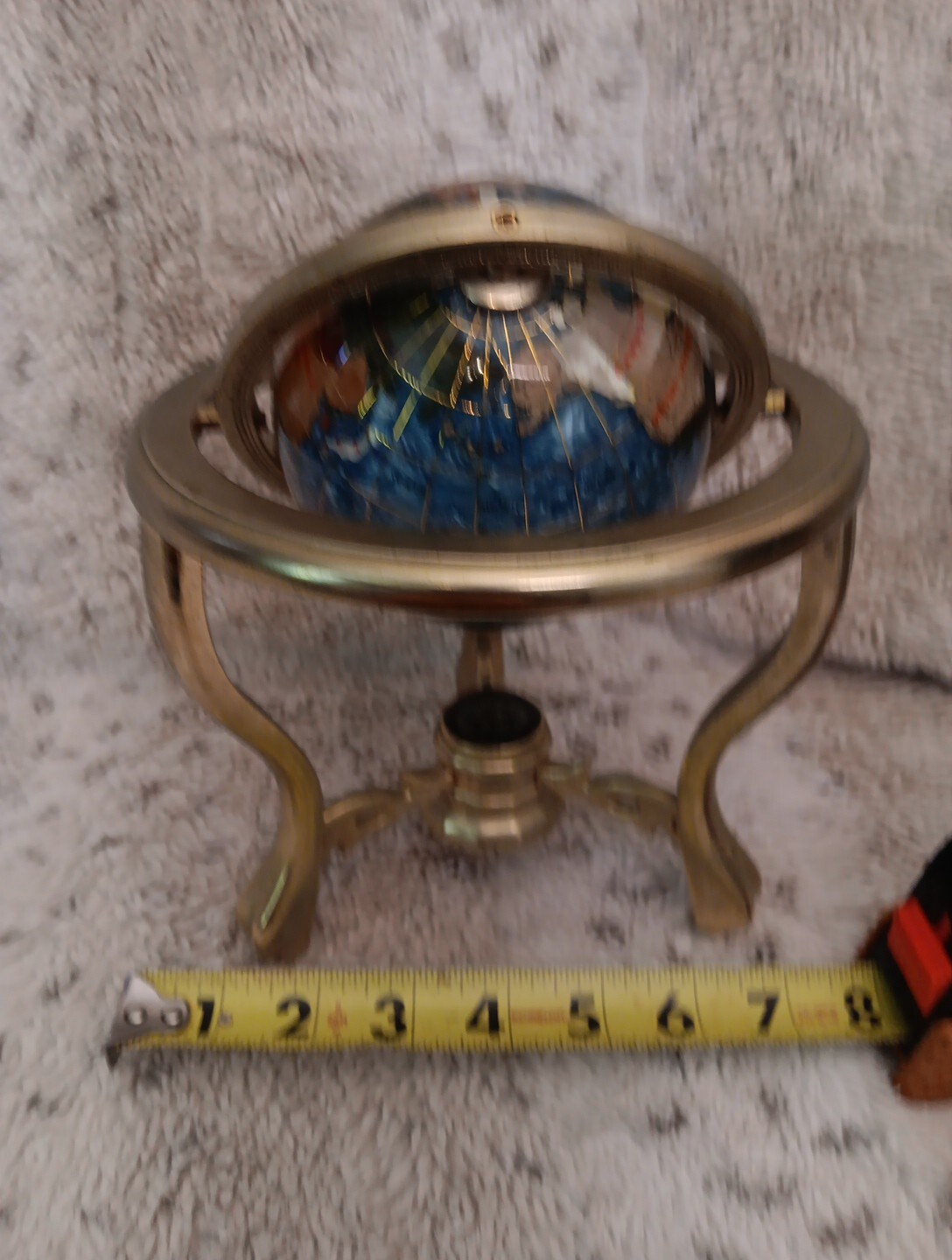 Gemstone Inlay Tabletop World Globe With Brass Frame & Compass 9" Tall