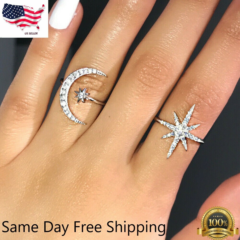 Star Moon 925 Silver Plated Wedding Rings White Ring simulated zircon