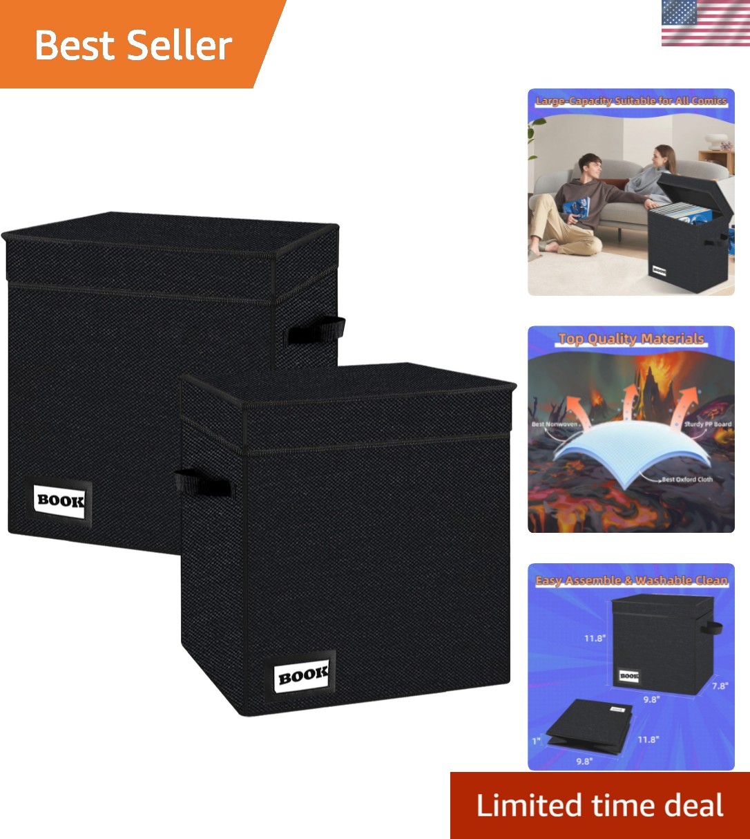 Elegant Black Comic Book Storage Boxes, 2-Pack, Holds 100-120 Comics Securely