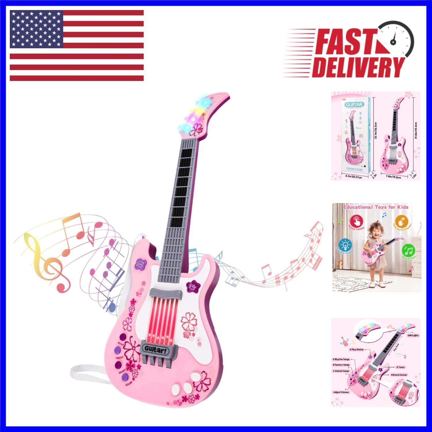 Kids Pink Guitar with Lights & Sounds - Perfect Musical Gift for Girls 3-5