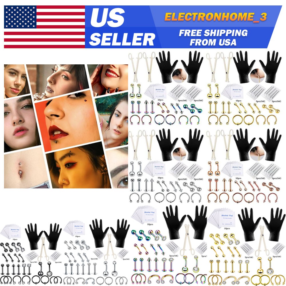 42-47PCS Body Piercing Tool Kit 14G 16G Needles Clamps Navel Eyebrow Nose Ring