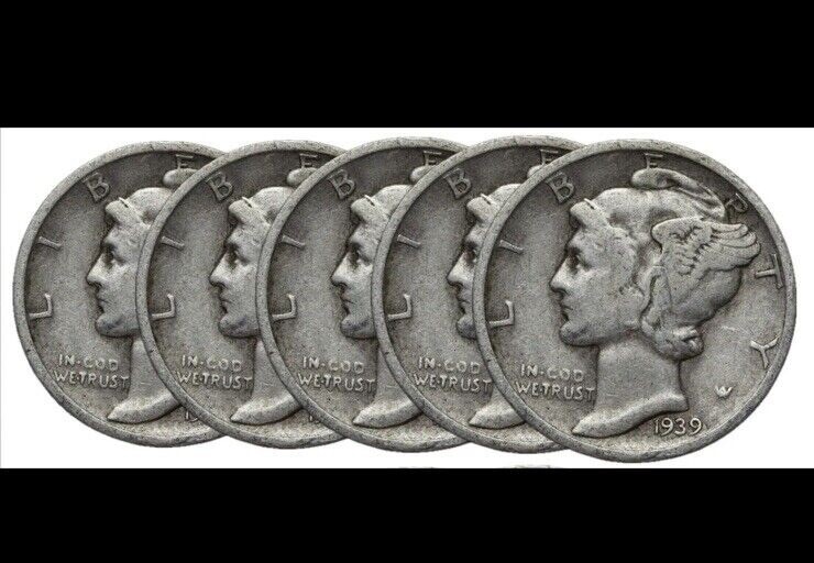 LOT OF 5 SILVER MERCURY DIMES (5 PC. LOT) CIRCULATED FAST FREE SHIPPING