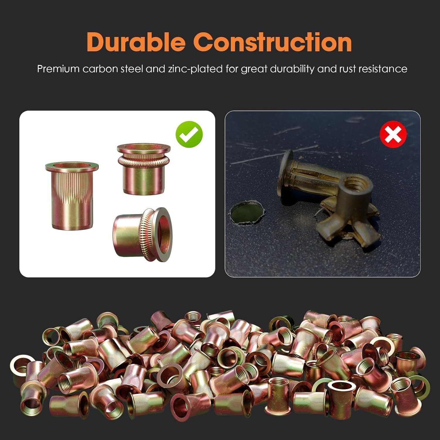 Flat Head Rivet Nuts M3 - 100 Carbon Steel Nutserts for Versatile Use