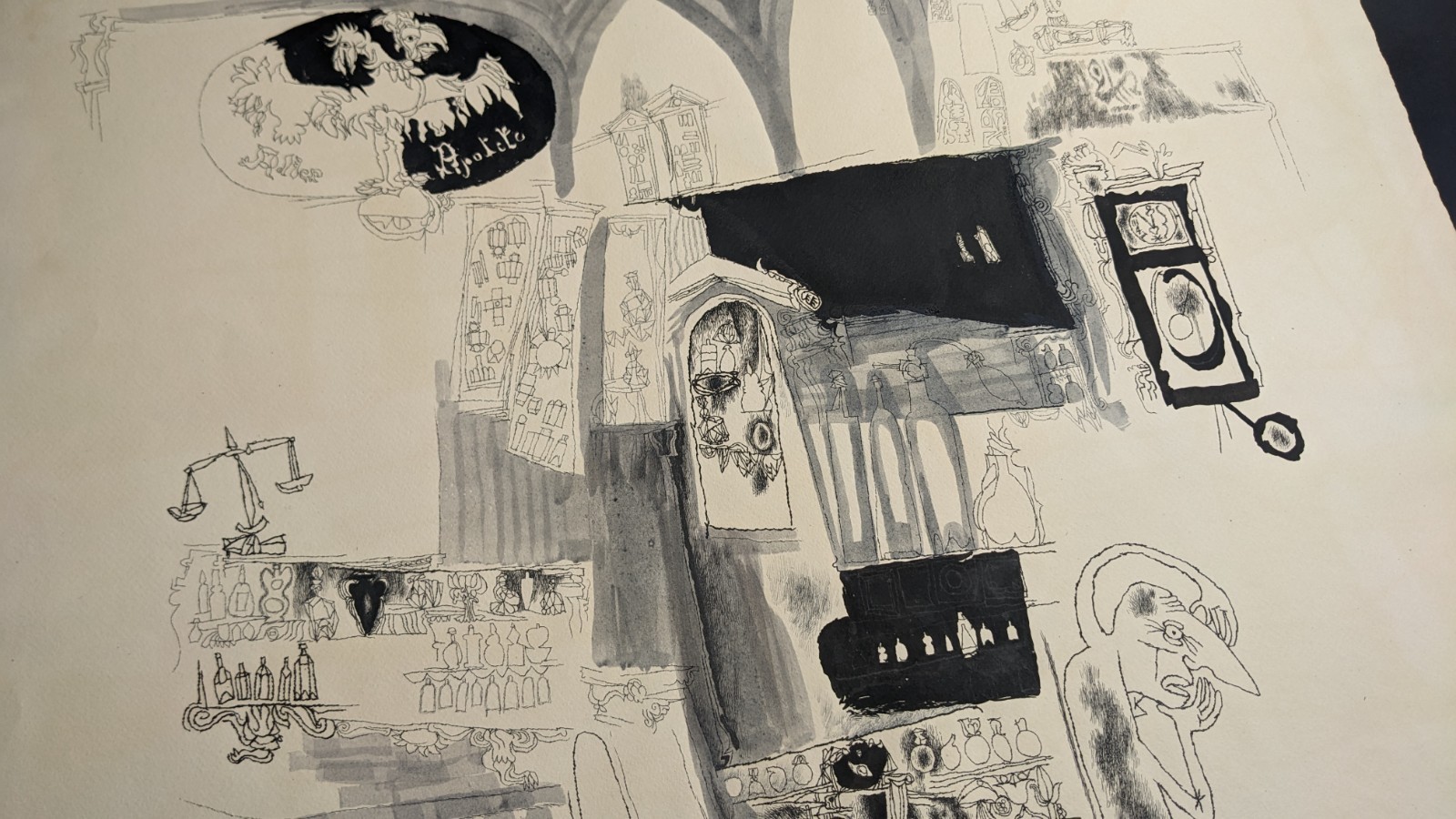Fritz Kreidt, abstract room composition, drawing, unsigned