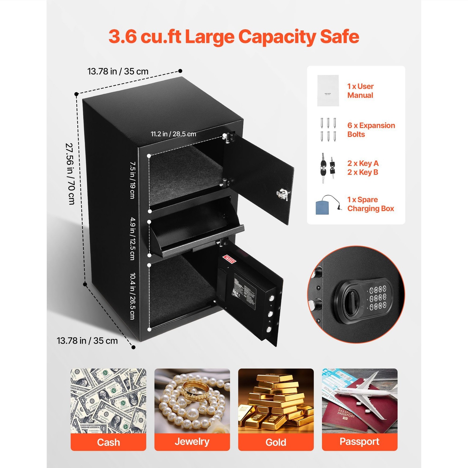 3.6 Cu Ft Drop Safe, Digital Keypad, 3 - Tier Cash Depository Box