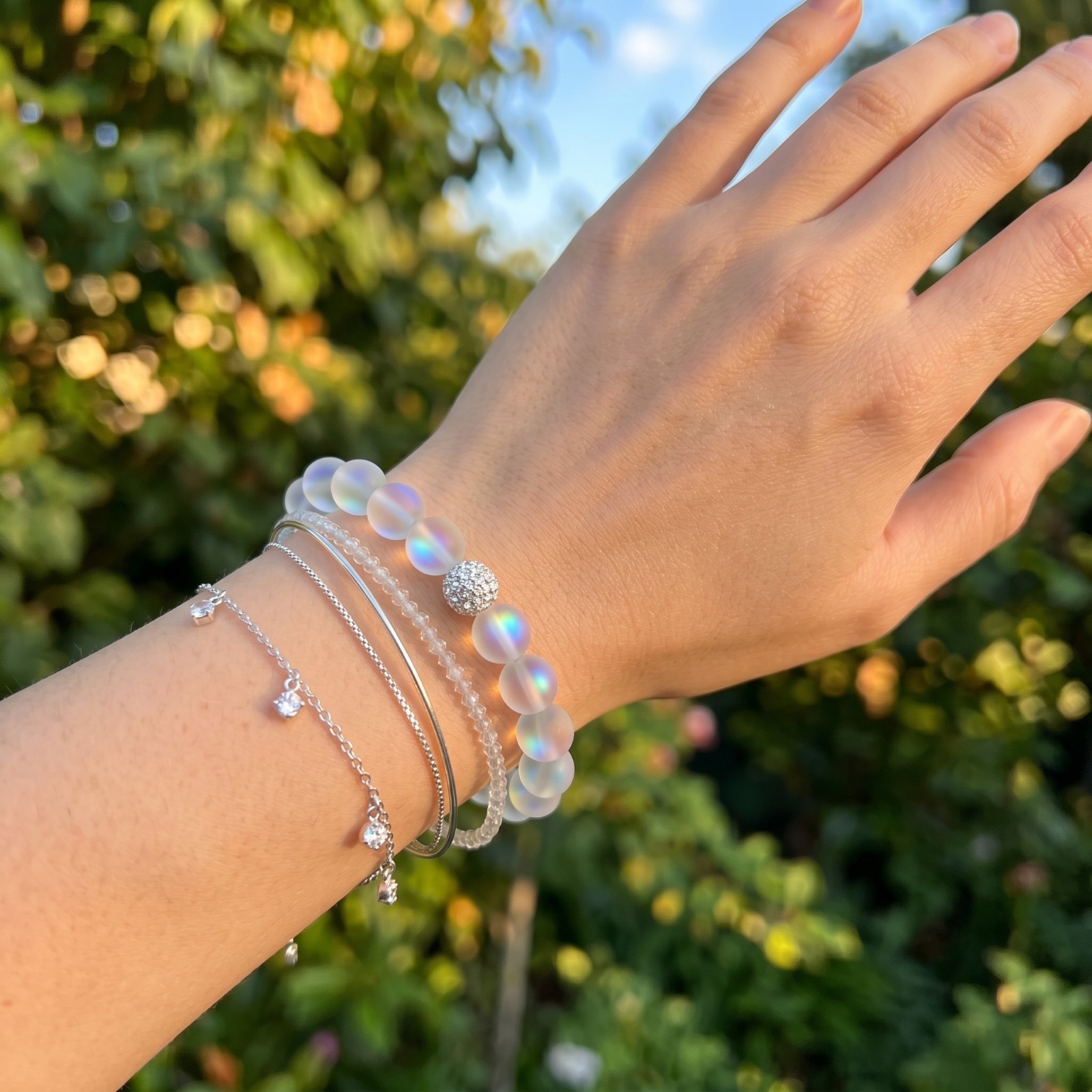 Natural Angel Aura Quartz Bracelet 8mm Stretch Rainbow Flash Chakra Healing Gift