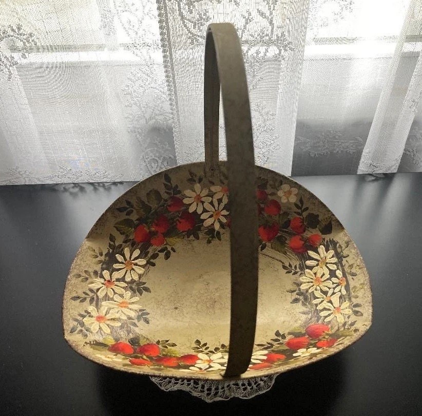 Vintage Toleware Metal Basket with Handle