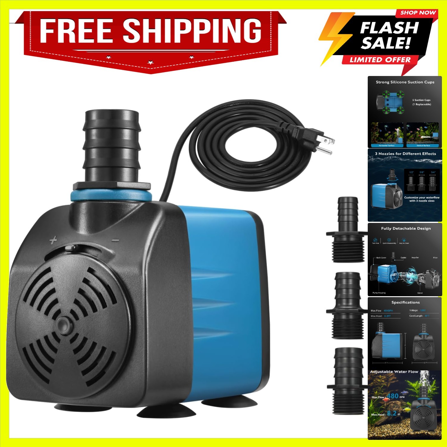 Adjustable Flow Submersible Pump, 480GPH & 8.2ft Lift | 35W Fountain Pump for...