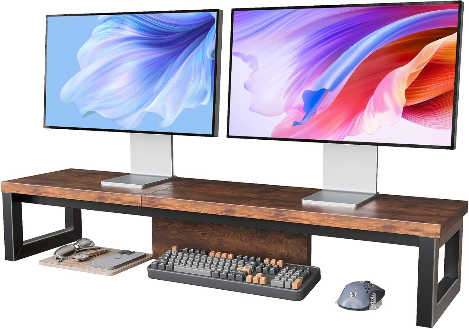 Dual Monitor Stand Riser Wood & Steel Desk Shelf for 2 Monitors Brown