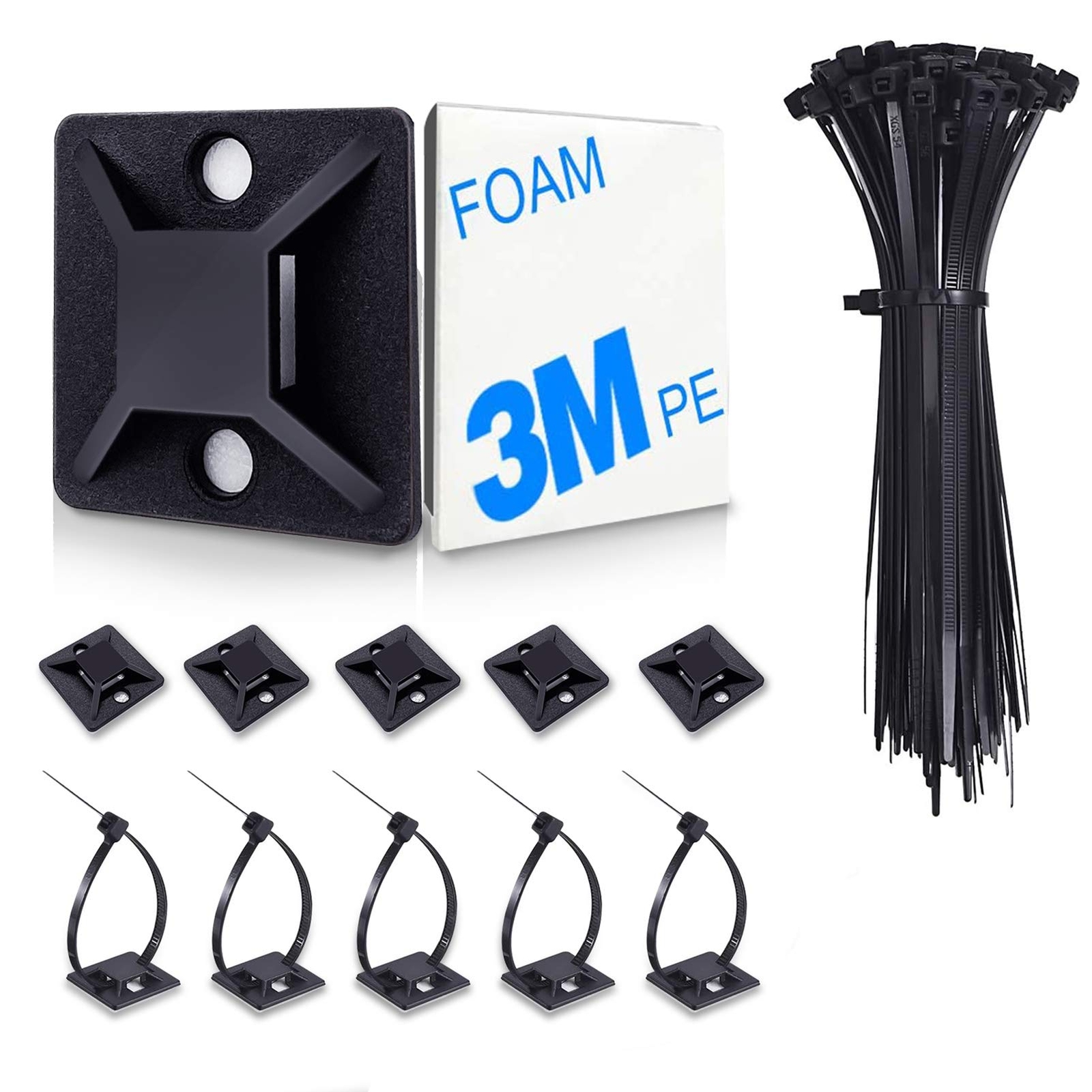 4/5" 100 Pack Zip Tie Mount With Cable Ties,Self Adhesive-backed Mounts