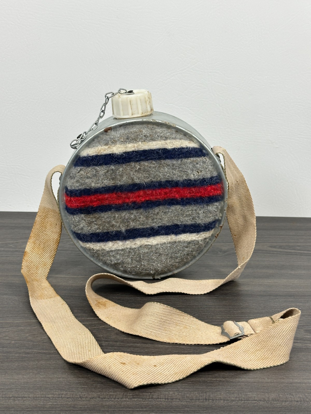 Vintage Galvanized Canteen Metal Wool Felt Covered with Strap