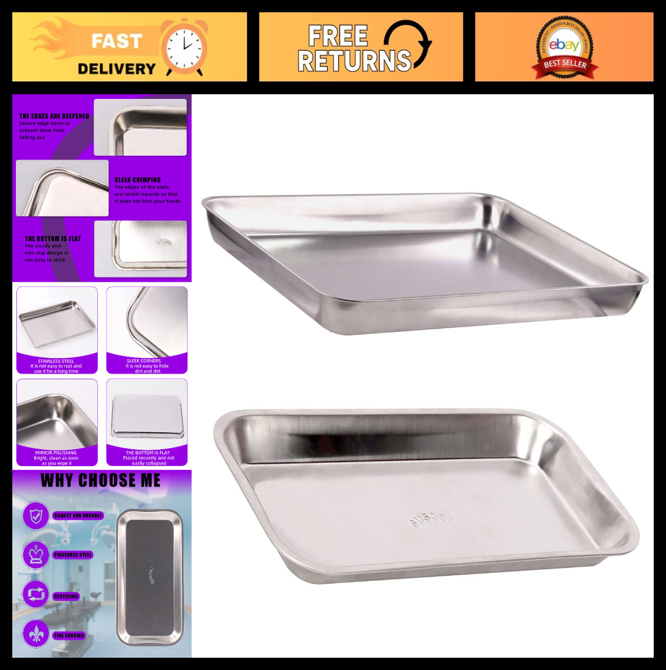 Stainless Steel Surgical Tray Set - 11.81"x15.75" & 6.3"x9.84" - Medical, Dental