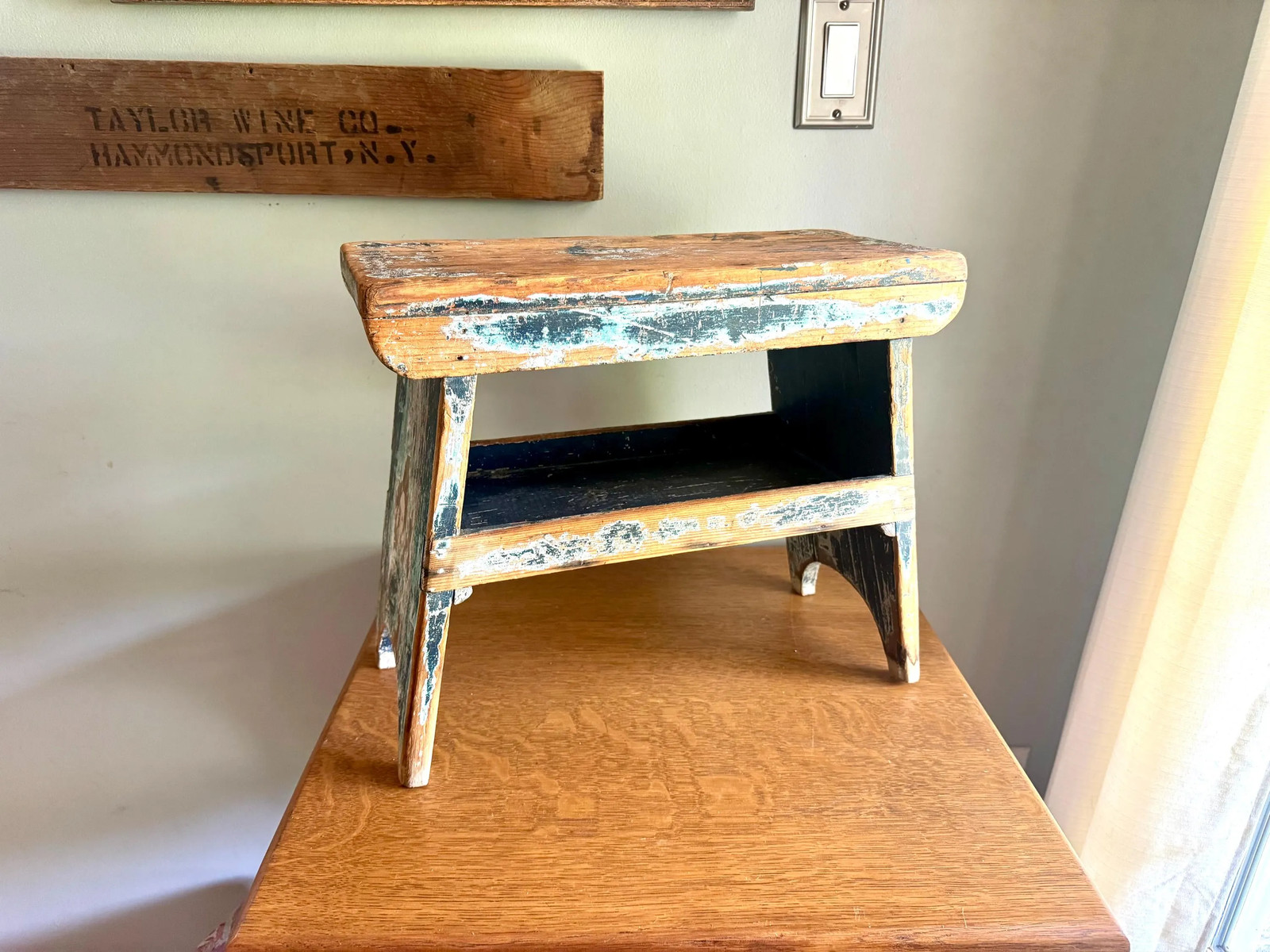Antique Wooden Stool with Distressed Paint | Distressed Blue Primitive Stool