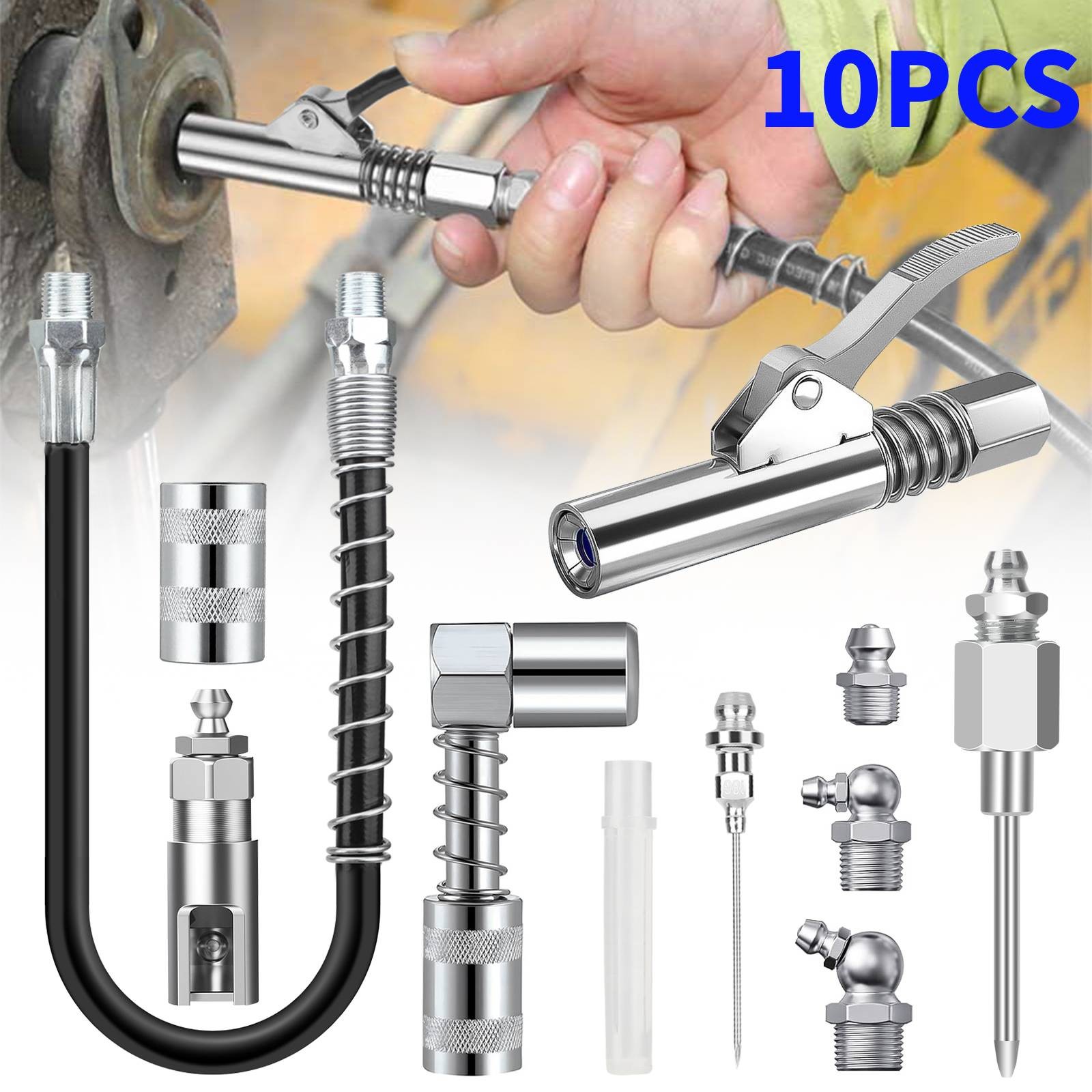 10pcs Grease Gun Accessory Kit Coupler 90° Adapter Needle 12" Flex Hose Fittings