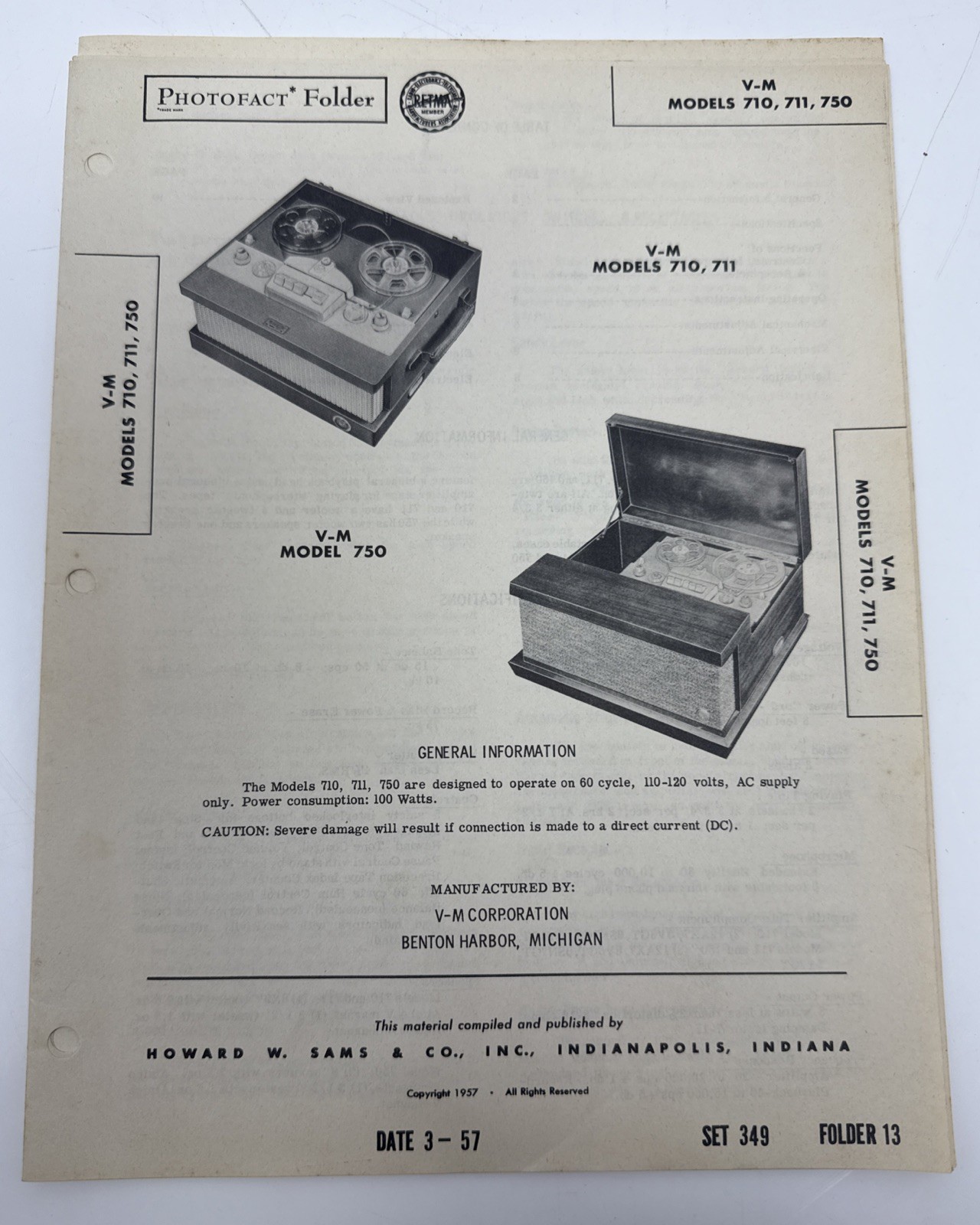 Vintage 1957 SAMS PHOTOFACT Manual Schematic V-M Models 710, 711, 750 (Pgs 1-22)