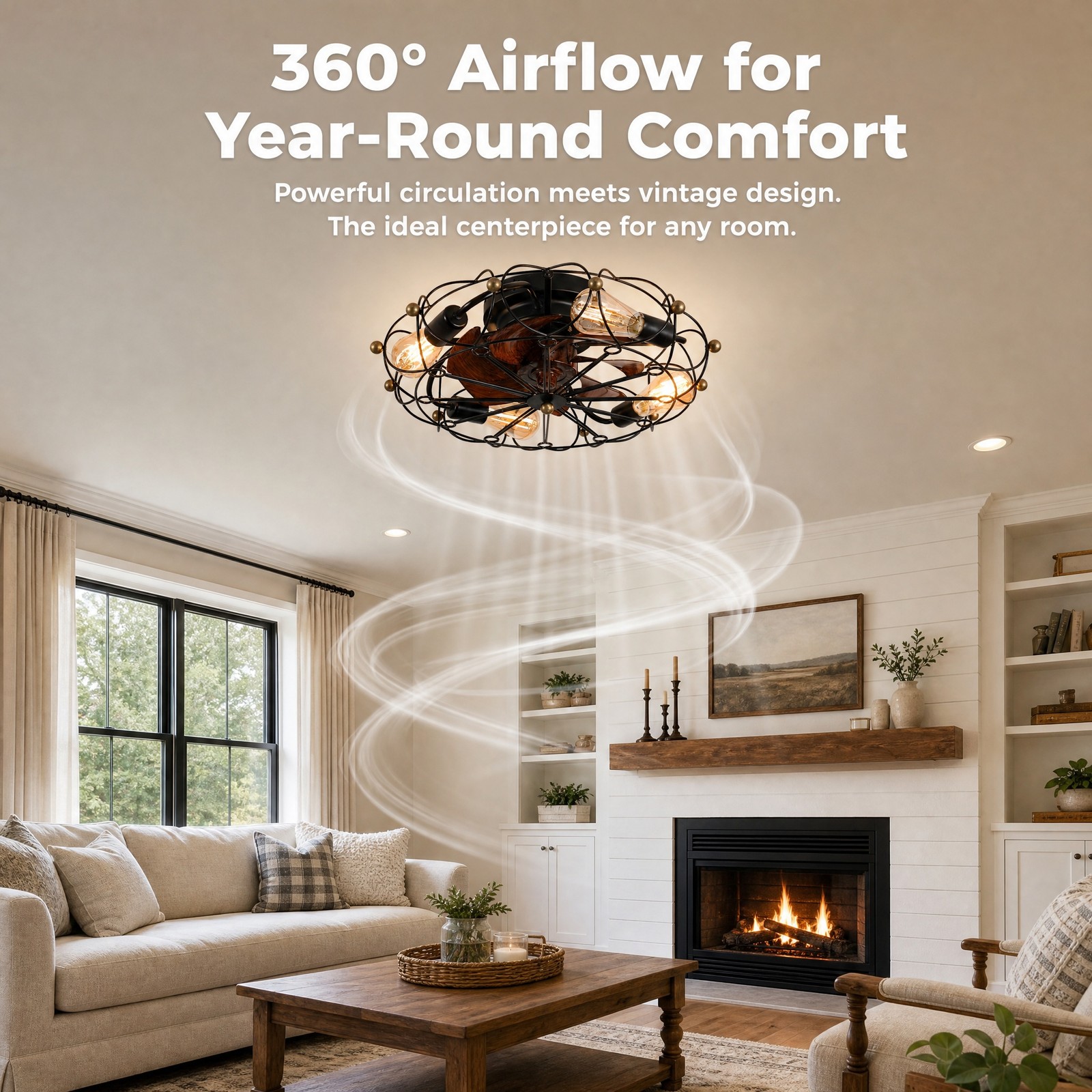 20'' Modern Caged Black Ceiling Fan with LED Light Flush Mount Remote Control